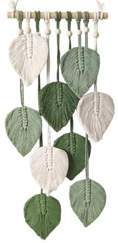FAYHETG makramé vägghängande boho väggdekoration väggbonad väggdekoration bomullsrep tapisseri blad fjäder gobeläng fransgirlang grön och vit lägenhet rumsdekoration heminredning chic heminredning