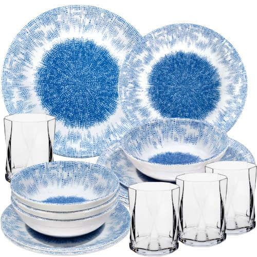 Wish Flower Service de vaisselle en mélamine pour 4 personnes 16 pièces en verre transparent 300 ml Bleu