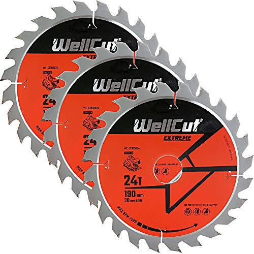 TCT Extreme Kreissägeblatt, 190mm x 30mm, Sägeblatt, Holz mit Nägeln, Laminat, Kunststoff geeignet für HS7601J, GKS65 (24 Zähne blatt, 3), WELLCUT