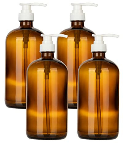 kitchentoolz 32-Ounce Large Amber Glass Boston Round Bottles w/Pumps. Great for Lotions, Soaps, Oils, Sauces - Food Safe and Medical Grade (4 Pack of Bottles)