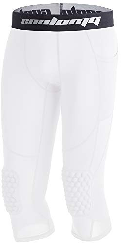 COOLOMG Basketball Pants with Knee Pads Kids 3/4 Compression Tights White M