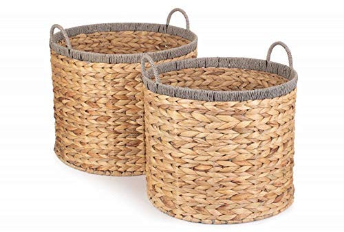 Red Hamper Set of 2 Round Water Hyacinth Basket with Grey Rope Border, Brown