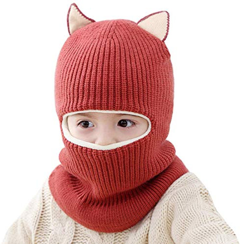 Yixda Baby Kinder Winter Mütze Jungen Mädchen Kapuzenschal Mützen Hüte (Katze-Dunkelrot)
