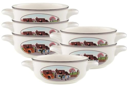 Villeroy & Boch Design Naif Suppentassen 6er Set, 450 ml, Suppenschalen mit Henkeln und Landschafts-Motiv, Premium Porzellan, Bunt