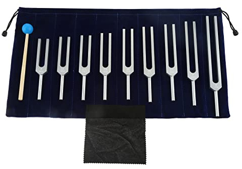 Dreld 9-teiliges Solfeggio Stimmgabel Set mit Silikonhammer Beutel, 174/285/396/417/528/639/741/852/963 Hz Alu Stimmgabeln für DNA Reparatur, Heilung, Klangtherapie, Medizin Tuning Fork | Für DNA-Heilung, Klangtherapie, Resonanzunterricht, Hörtests, Yoga, Energieausgleich