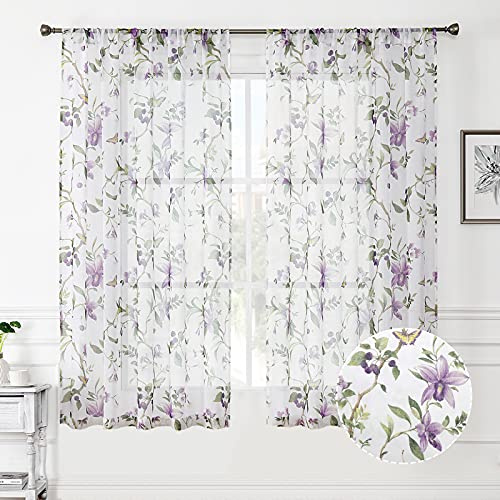 Tollpiz 2 transparente Vorhänge mit Blumenmuster, Kirschbaum, mit Tasche für Gardinenstange, Leinenoptik, kurz, Weiß, 137,2 x 137,2 cm