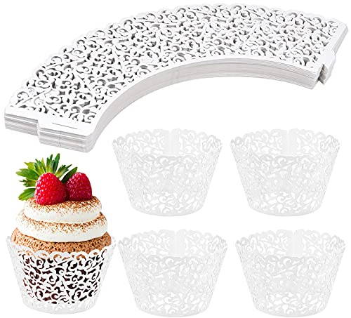 Chstarina 50pcs Pearly Paper Cupcake Wrappers, Vine Lace Cupcakes Liners, Baking Cake Cups Wraps, Cupcake Muffin Papers Holders for Wedding Birthday Party Decoration (White)