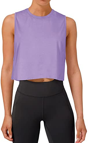 REORIA Camisetas cortas para mujer, camisetas de entrenamiento, holgadas, sin mangas, recortadas, con espalda abierta, color morado, talla M