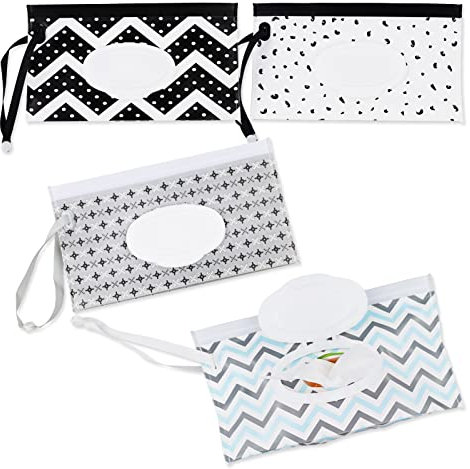 Baby Wet Wipes Pouches Dispensers,4 Pcs Wet Wipe Pouch,Travel Wet Wipes Bags,Portable Refillable Wipe Holder,for Diaper Bag Lightweight Travel Wipes Dispenser Cases(Geometric)