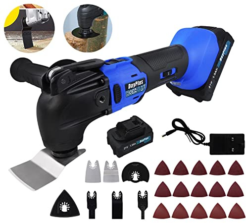 Multi-Oscillating Power Tool Sander 6 Speeds 6000-20000RPM, Cordless Cutting and Grinding Machine Oscillating Saw with 1 x 1.5Ah Battery, 4 Blades, 2 Scrapers, 15pcs Sanding Sheets