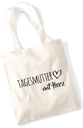 Huuraa Jutebeutel Tagesmutter mit Herz Geschenk | Baumwollbeutel 10 Liter Stoffbeutel Beutel aus Baumwolle Tasche Geschenkidee Einkaufstasche Langen Henkel