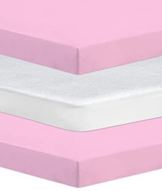 Next To Me Compatible Crib 3 Pack (83-85 x 50-51 cm) - 2x 100% Pure Cotton Crib Fitted Sheets & 1 Waterproof Mattress Protector with 150 GSM Terry Fabric (Pink)