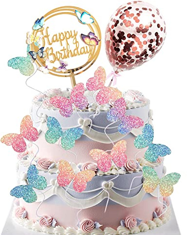 Butterfly Cake Decorations,17PCS Gradient Sequins Colorful Butterfly Cake Toppers,Cake Supplies Confetti Balloon Cupcake Toppers Picks for Girls Birthday Party Wedding