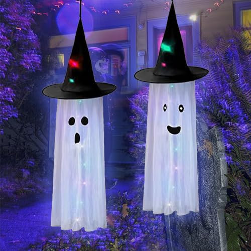 2 Stück Halloween Windsäcke Geist Windsack,Halloween Hängende Geist Windsäcke Mit Warmweißen LED Lichtern,Hängen Geist Windsäcke Flagge,Für Zuhause,Terrasse,Rasen,Garten,Outdoor Veranda Dekoration (A)