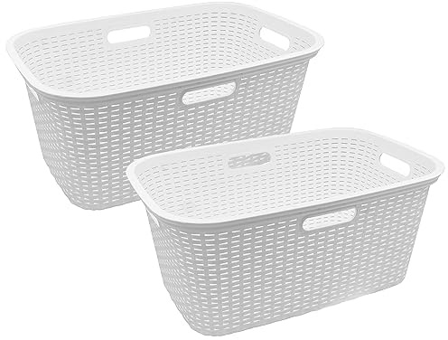 HRB Wäschekorb Plastik Rattan Optik, 40 L Wäsche Box Volumen, Wäschesammler mit 58,5 x 39 x 26 cm Außenmaß, Wäsche Sortierer groß, Aufbewahrungskorb 2 Stück, Weiß