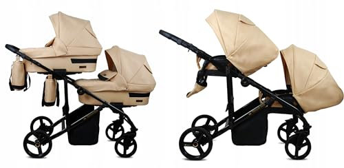 BabyLux® Kinderwagen Set 2 in 1 für Zwillinge - Trailux Duo - Beige - incl. Babywanne, Buggy Sportsitz - Geschwisterwagen Zwillingskinderwagen Kombikinderwagen mit Wickeltasche, Regenschutz
