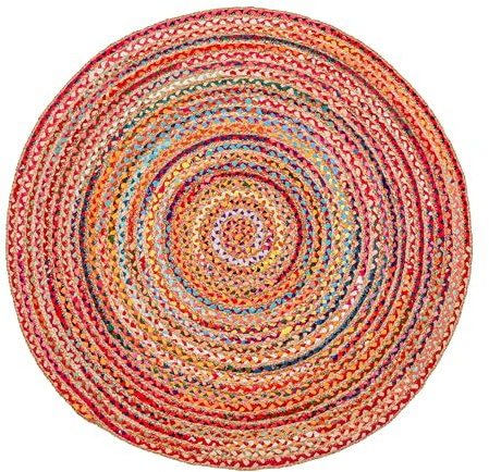 Hausattire Bohemian Braided Rug 3' Round - Multi Color, Small Farmhouse Jute Cotton Area Rag Rugs for Kids Bedroom, Playroom | Colorful Circle Hand Woven Cute Accent Mat