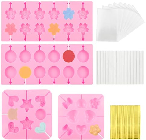 XIACIBDUS Lot de 4 moules à sucettes en silicone, 12 et 8 cavités, moules à bonbons durs avec 100 bâtons, sacs d'emballage, attaches torsadées, joli moule de cuisson pour gelée, glaçons, chocolat