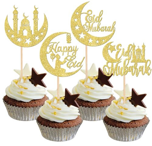 24 Pack Eid Mubarak Cupcake Toppers Glitter Star Ramadan Cupcake Pick Moon Star Eid Islamic Muslim Theme Party Cake Decoration Supplies Gold