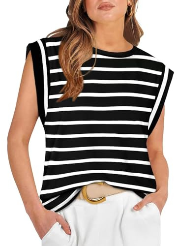 PICKLION Dam sommar t-shirt ärmlös dam vardaglig bas toppar rund hals randig blus väst S-2XL, Svartrandig, XL