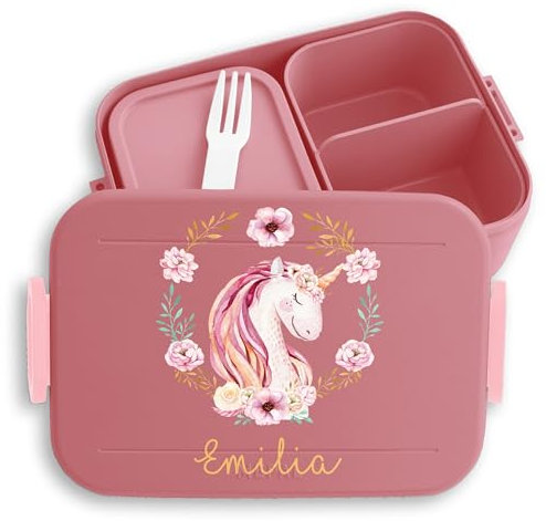 Kinder Bento Box Midi Lunchbox für Mepal Bentobox - Einhörner - Süße Einhorn Brotdose | Mädchen Geschenk Einschulung | Schulkind Einhorn Motiv - 900 ml - Rosa - personalisierte brotboxen