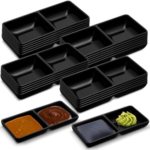 Gejoy Sauce Dish Dual Dipping Bowls Dual Sauce Bowls Soy Two Compartments Party Trays Divided Fondue Plates for Restaurant Kitchen Sushi Soy(Black)