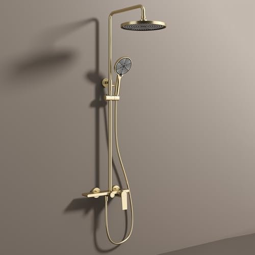 BiaoTeng Colonna Doccia con Soffione e Doccetta per Vasca Doccetta Monocomando a 3 Funzioni Set Doccia con Soffione e Doccetta con Miscelatore Oro Spazzolato