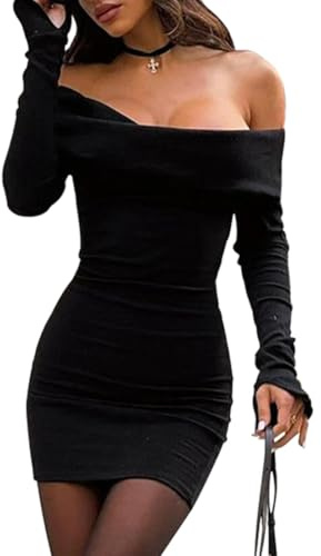 Hanaoops Women Off Shoulder Mini Dress Long Sleeve Bodycon Dresses Sexy Solid Tight Party Dress Going Out Clubwear Casual Streetwear Black