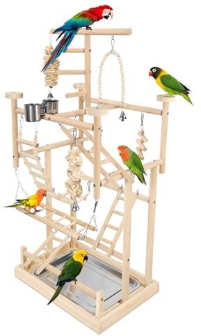 JOINSI Großer 4-lagiger Vogelspielplatz, Naturholz, Papageien-Spielständer Sitzstange für kleine und mittelgroße Vögel mit Futterbecher, Spielzeug, Leiter, Schaukeln und abnehmbarem Tablett