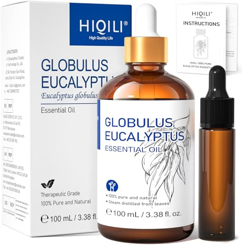 HIQILI Eukalyptusöl für Diffuser, Reinigung & Aromatherapie | Mit Reiseflasche, für Luftbefeuchter, Massage, Hautpflege und selbstgemachte Kerzen & Seifen – 100 ml
