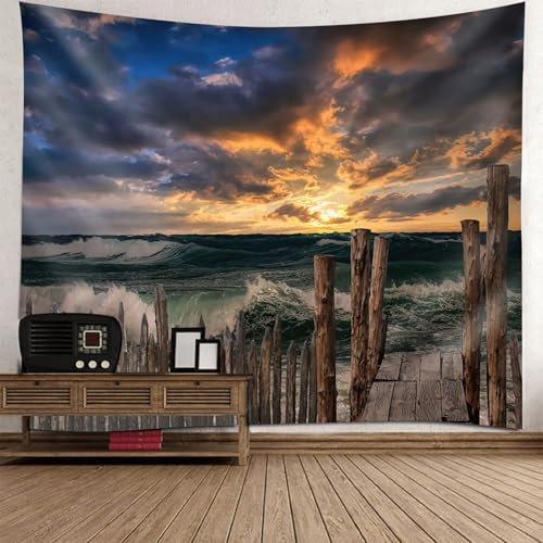 Calefee Wandbehang Groß 300x256cm, Wandteppich Deko Teppich Polyester, Tapisserie Sonnenuntergang, Meer und Holzgitter