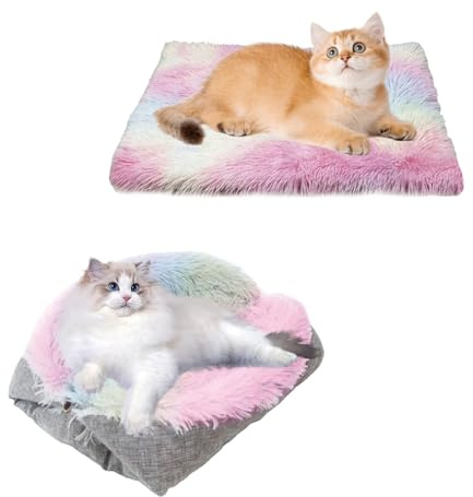 DYUEE 2 in 1 Soft Plush Blanket Furry Self Warming Cat Mat Function | Bed for Indoor Cats Fluffy Soft Cat Bed for Cats Small Dogs, Multicolour