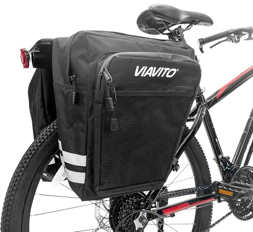 Viavito Double Pannier Bag - Waterproof 600D Oxford Bike Rear Rack Bag with 2 Large Compartments, 4 Zipped Pockets & Reflective Stripes - Durable, Lightweight & Easy to Install for Cycling & Commuting