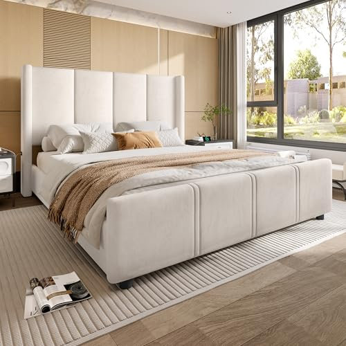 Zepneiy Lit 140x200 avec Sommier et USB, Tête Haute Rembourrée en Velours Beige avec Support à Lattes et Pied (sans Matelas)