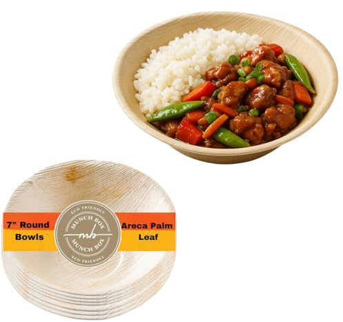 MUNCH BOX Disposable Bowls, 7” Round Areca Palm Leaf Bowl, Biodegradable & Compostable – Eco-Friendly Microwave Bowls Like Wooden, Bamboo Bowls for Party, Hot Food, Soups, and Events (50 Pack)