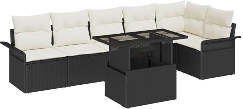 vidaXL Garten-Sofa-Set mit Kissen 7 pcs Schwarz Poly Rattan, Garten und Terrasse, Rechteckige, Moderne Modulare Möbel, verstellbare Füße, strapazierfähige Essgruppe