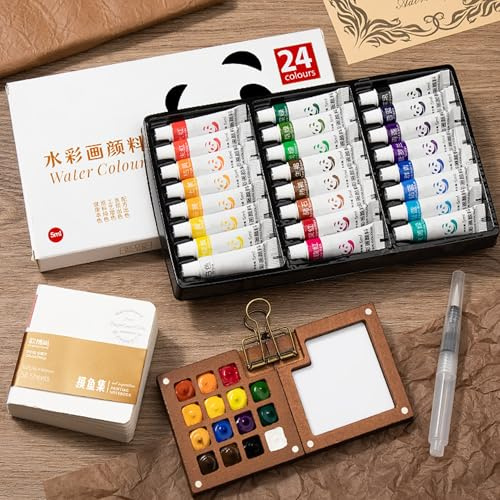 ADARPA Set Mini Acuarelas Portatil con 24 Colores, Cuaderno y Pincel de Agua | Kit Acuarela de Viaje para Niños y Adultos | Set de Pintura Compacto Ideal para Regalo y Principiantes