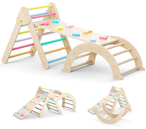 Triangle Climbing Frame for Toddlers, Foldable Wooden Indoor Climbing Triangle Set with Ramp and Arch, (3-piece small climbing frame)