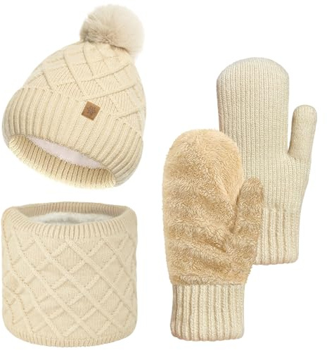 Bseical Mütze Schal Handschuhe Set Damen Winter Warme Wintermütze mit Bommel & Weiches Fleecefutter, Loop Schal Schlauchschal Winterschal Winterhandschuhe für Weihnachten Geschenk für Frauen 3in1 Set