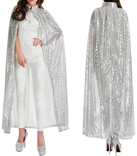 CARxlythic Halloween Kostüm Damen Silber Umhang - Damen Halloween Umhang Lange Pailleiten Bekleidung Karneval Fasching Kostüm für, Fashion Cosplay Zubehör,140cm