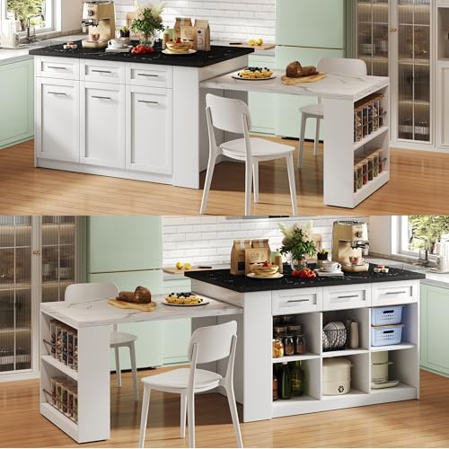 Wyibwy Isola cucina multifunzionale con tavolo da pranzo bianco estensibile (150 cm + 96 cm), isola cucina centrale con mobili contenitori integrati, piano di lavoro in legno effetto marmo(Bianco)