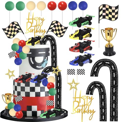Xsstarmi Racing Car Cake Topper Decorations with Flag Truck Race Car Cake Toppers for Baby Shower Kids Boys Birthday Celebration Party DIY Cake Decorations Supplies