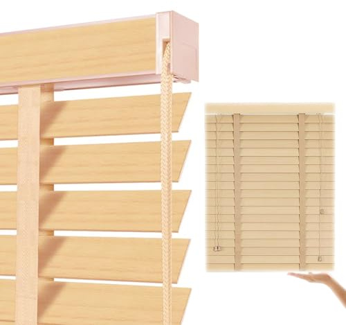 Holz Jalousie Jalousetten Blickschutz Holzjalousie 5 cm Lamellen, Verdunkelung Holzjalousie Maßanfertigung 35cm 45cm 60cm 70cm 80cm 120cm 150cm 160cm für jeden Raum geeignet(Beige)