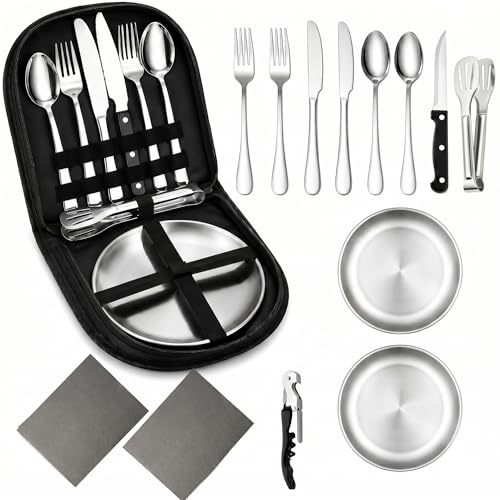 Camping Geschirr Set für 2 Personen, 14-teiliges Campingbesteck Set aus Edelstahl mit wiederverwendbarer Bestecktasche, Teller, Gabel, Messer, Löffel, Zange & Flaschenöffner für Camping, Picknick