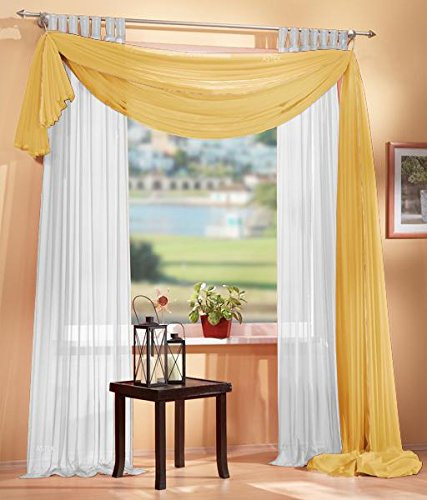 Gardinen Set, 2 x Schlaufenschal Voile, transparent, 245x140, Weiß, 1 x Voile Querbehang, Freihanddeko, 140x600, Gelb, 61000560