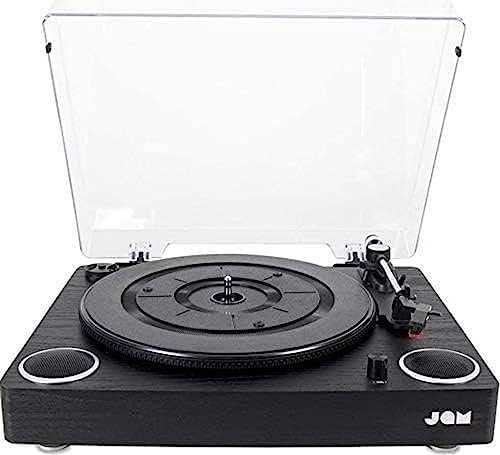 Jam Play Turntable Vinyl Record Player, 3 Speed Belt Drive for Superior Sound, Ceramic Cartridge, Built in Stereo Speakers, Aux In, RCA Out and Dust Cover