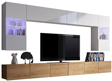 Moderne Wohnwand Calabrini I, Anbauwand, Mediawand, Hängevitrine, TV Lowboard, Wandregal, Wohnzimmerschrank, Fernsehschrank (mit weißer LED Beleuchtung, Eiche Gold/Weiß + Weiß Hochglanz)