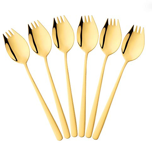 BISDARUN Spork Göffel Titan 18/10 Edelstahl Sporks Lang 21,3 CM(8,4 Inch) 6 Stück Metall Gabel Löffel Campingbesteck für Obstsalat Nudelsuppe - Gold
