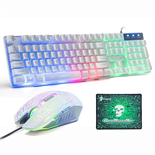 Ensemble Clavier et Souris de Jeu avec Clavier QWERTY et Souris Filaire rétroéclairé LED Arc-en-Ciel avec Sensation mécanique USB 2400DPI 6 Boutons Souris de Jeu Optique Arc-en-Ciel+Tapis de Souris