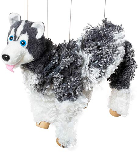 Artisan Owl Siberian Husky Marionette Puppet - Yarn Dog with Wooden Feet, Detachable Strings (Black)